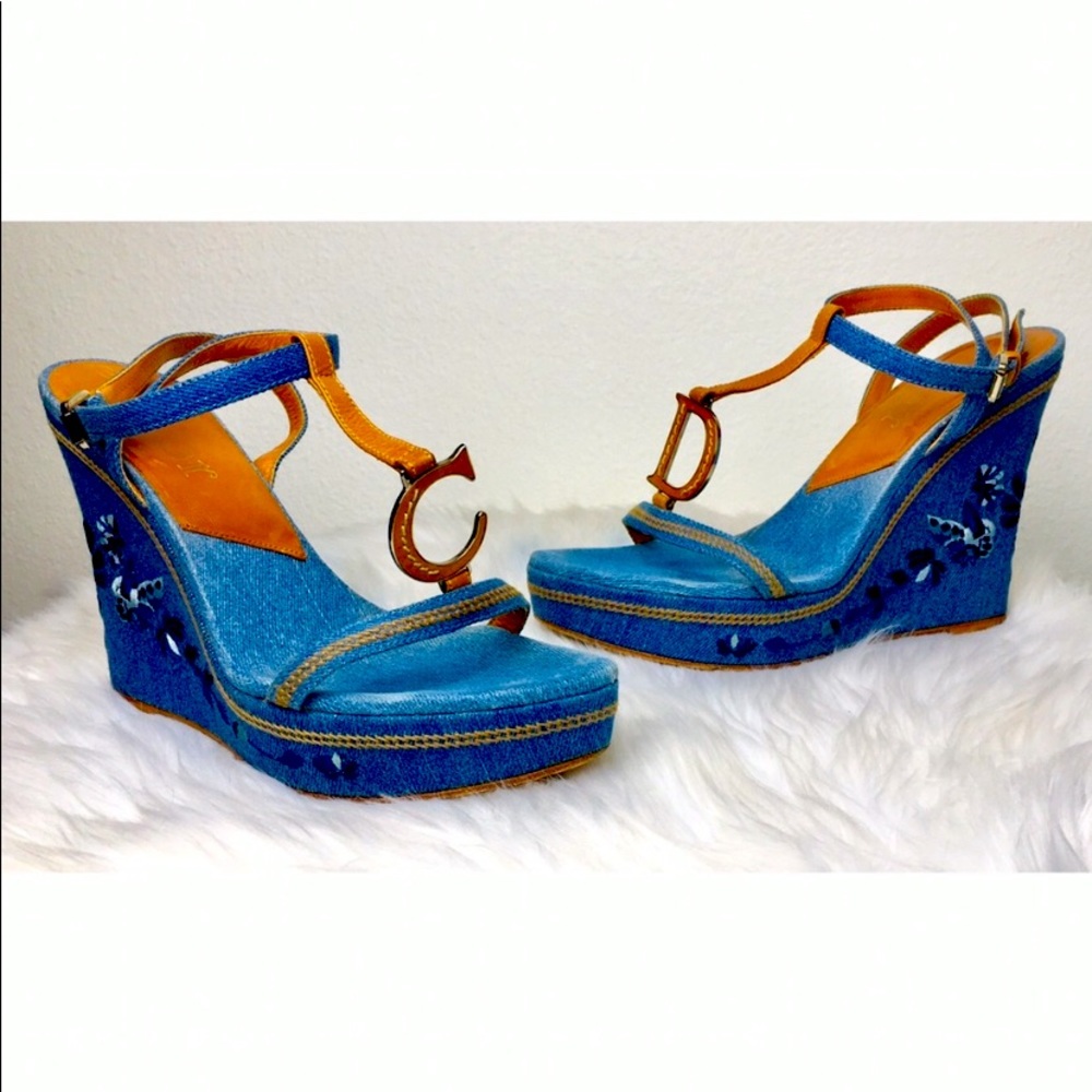 DIOR denim embroidered ankle wrap wedge platform